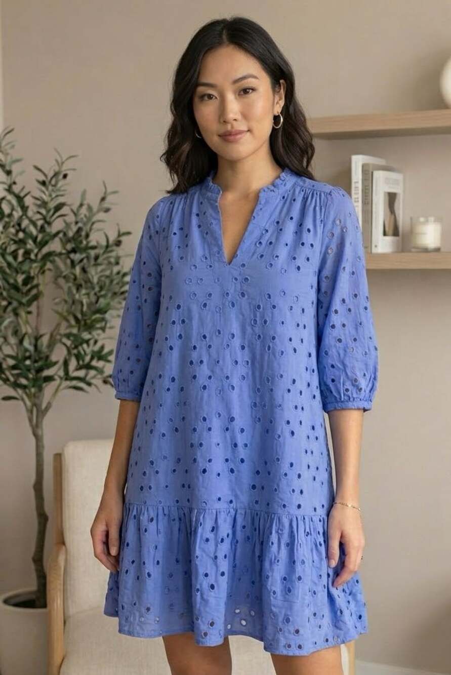 Cynthia Rowley Eyelet Dress Size L Blue Cotton V-Neck Tiered Mini Dress
